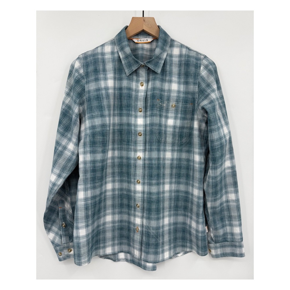 Orvis Shirt Womens Medium Blue Plaid Fishing Long Sleeve Button Performance